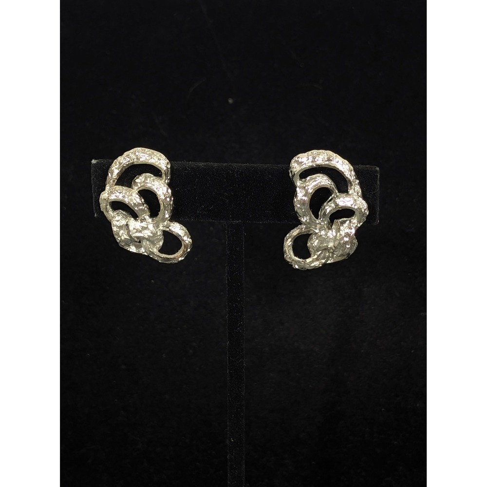 Vintage Silver Tone Nugget Texture Knot Clip On Earrings Bright Cut